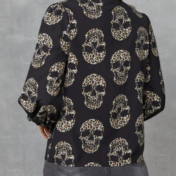 Skull Tie Neck Blouse Leopard Print - Picture 3 of 4